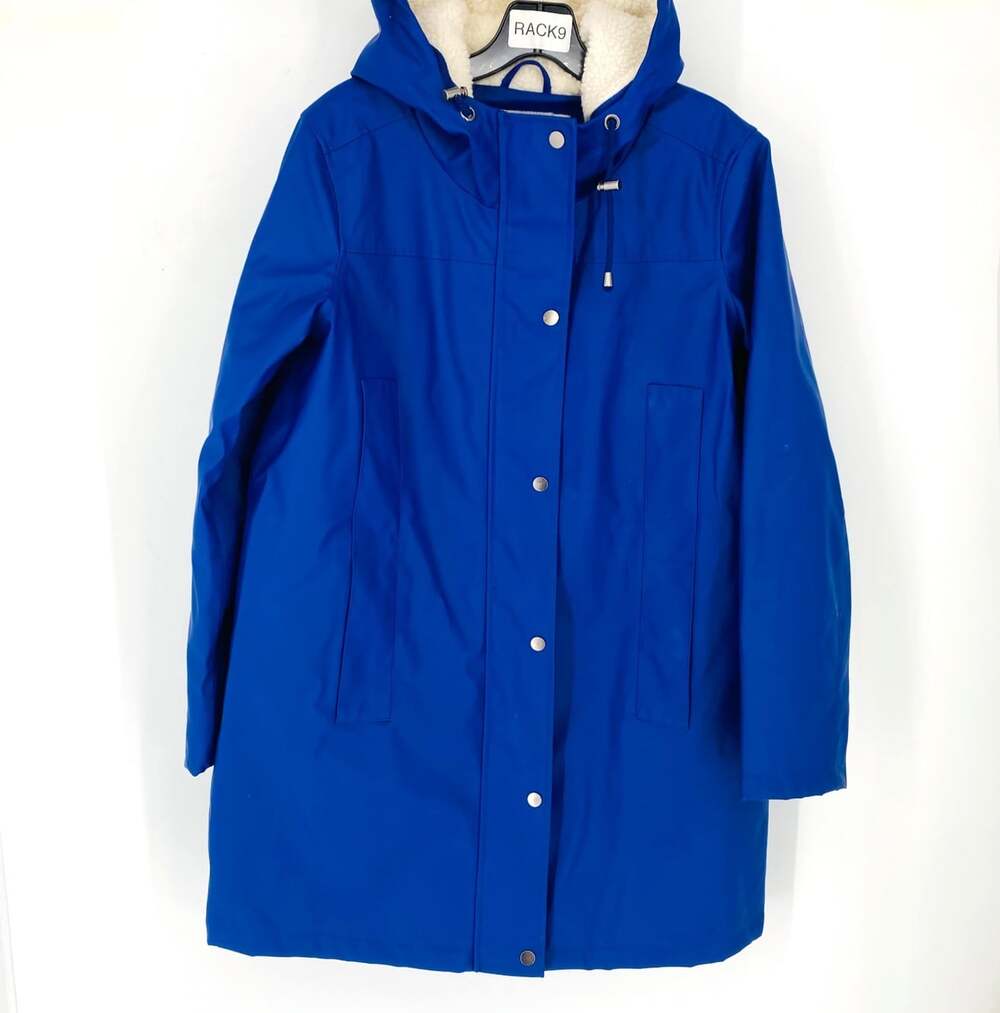 ASOS Navy Blue Sherpa Lined Raincoat Hooded PVC Waterproof Jacket US 6 Heavy